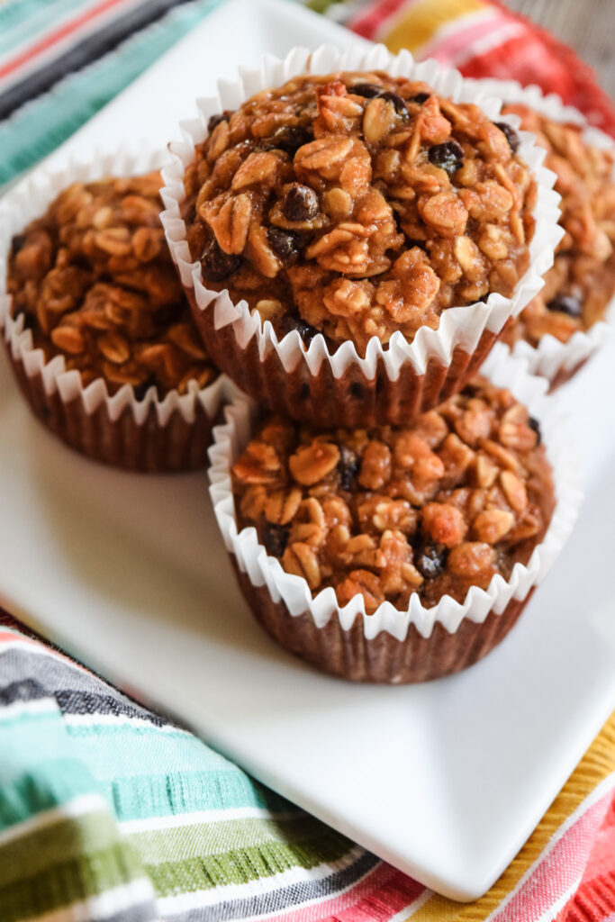 gluten free peanut butter baked oatmeal muffins with mini chocolate chips