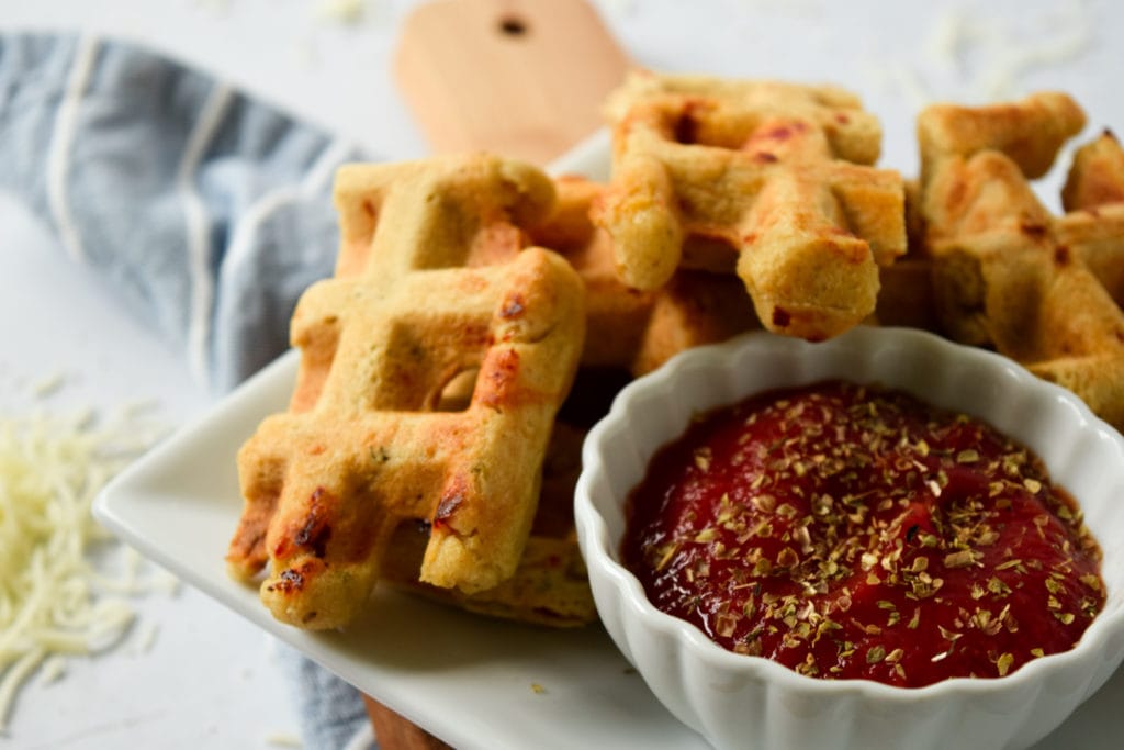 Gluten Free Pizza Waffle Dippers with Tomato Sauce