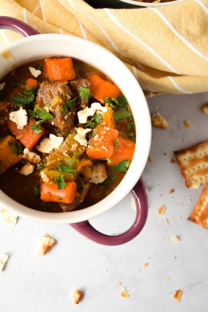 Close up of Instant Pot Beef Stew with Crackers