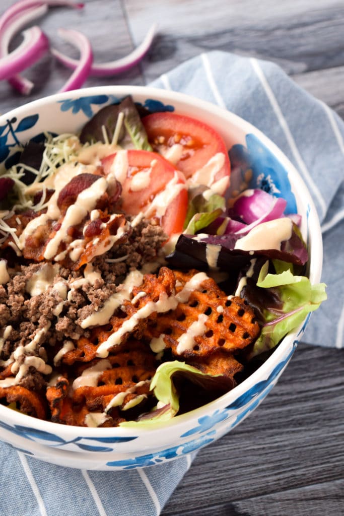 Healthy Burger Bowl with Drizzled Dressing