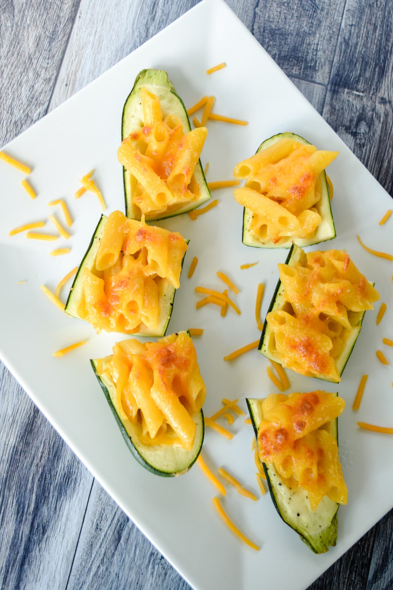 Cut up Zucchini boats with gluten free mac and cheese