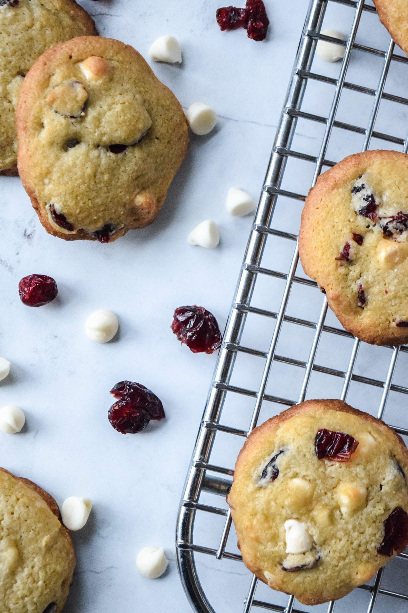 Gluten Free Cookies with White Chocolate and Dried Cranberries on a Cooling Rack