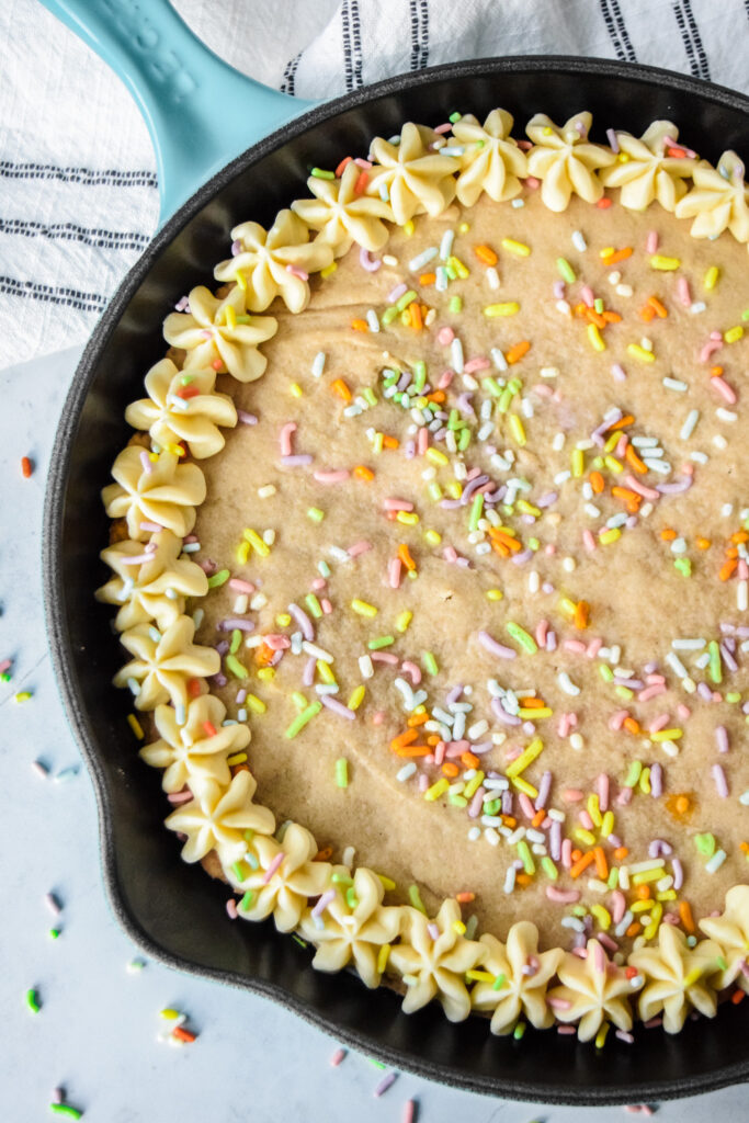Le Creuset gluten free sugar cookie skillet with vanilla frosting