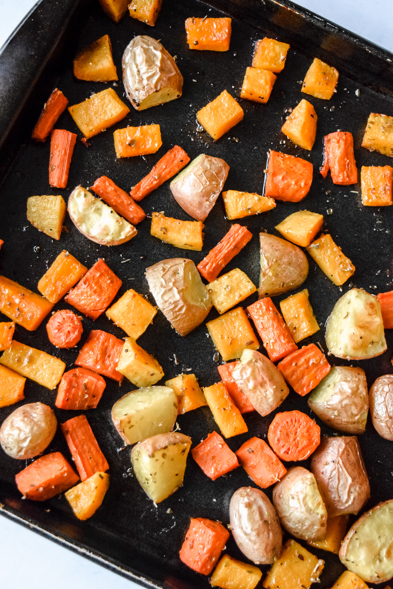 Roasted Winter Vegetables on a Baking Sheet