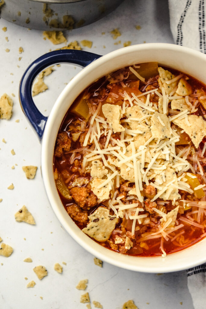 Classic Slow Cooker Chili in a Blue Crock