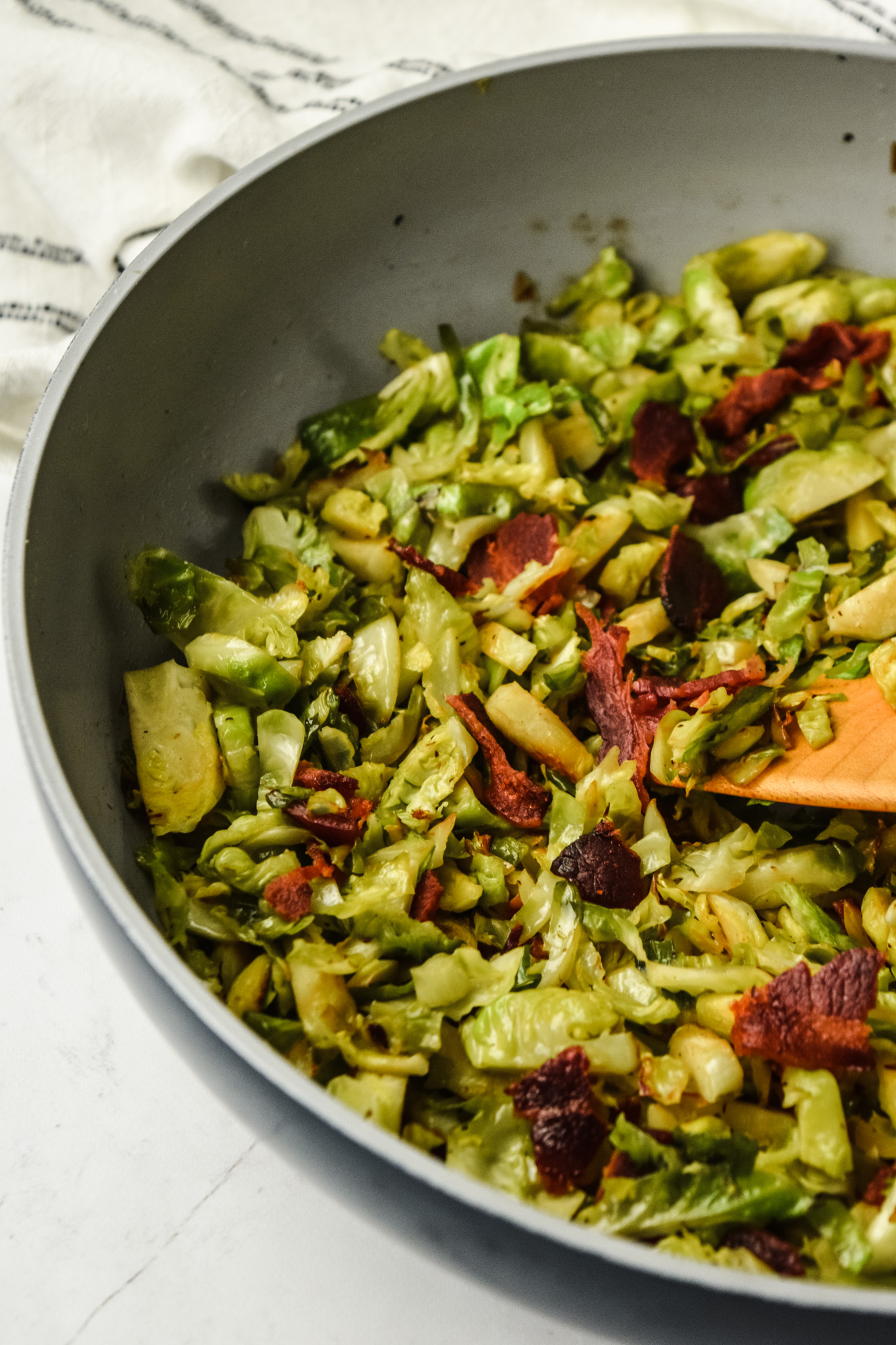 Shredded Brussels Sprouts in Skillet with Bacon