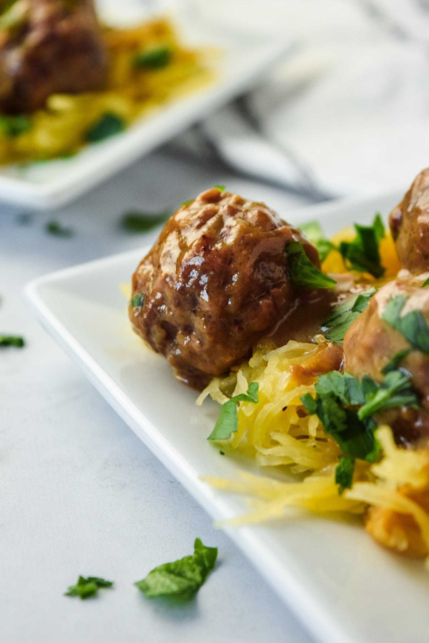 Close up of homemade swedish meatballs with spaghetti squash