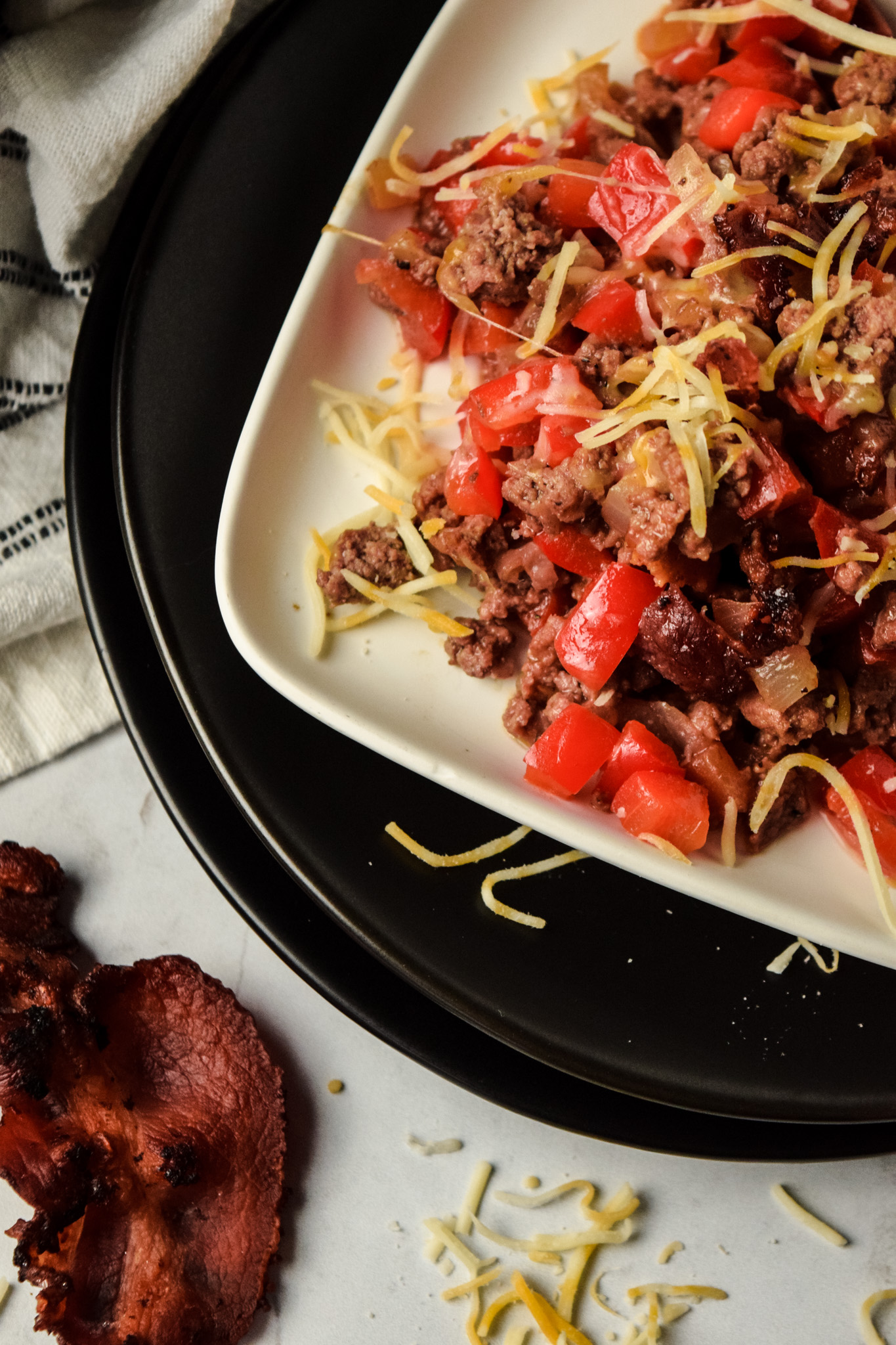 Low Carb Bacon Cheeseburger Skillet on a White Plate