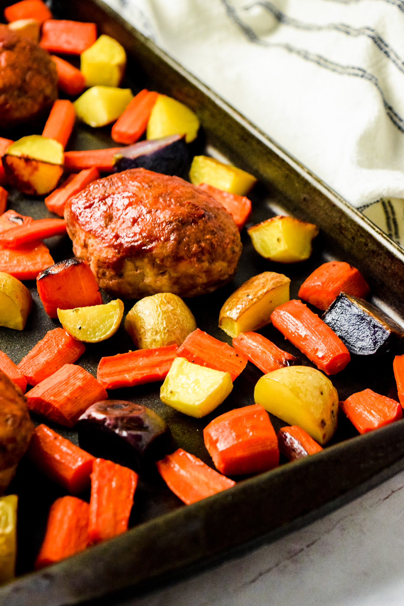 Mini Meatloaf Sheet Pan Supper with Roasted Carrots and Potatoes