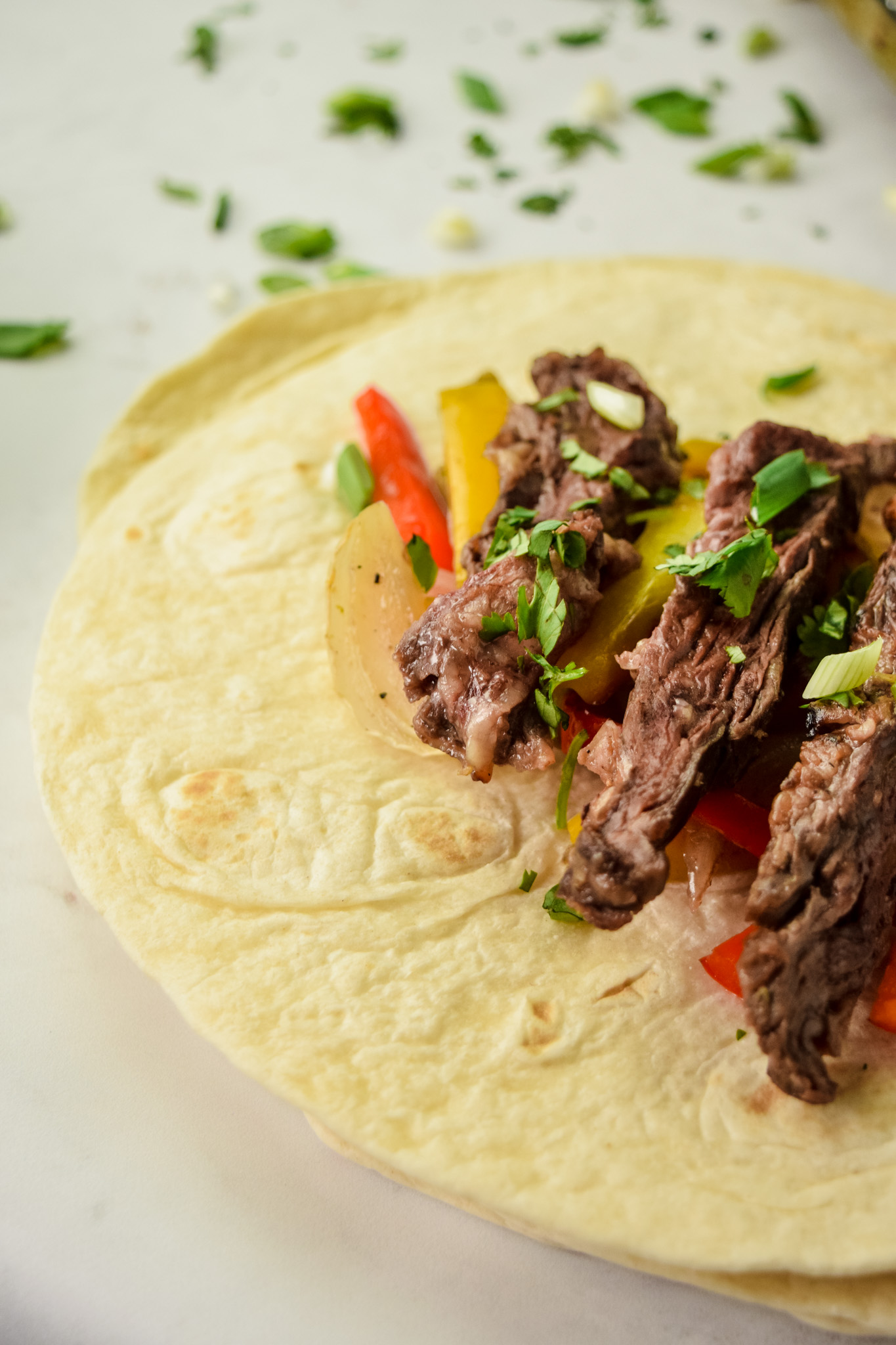 Flour Tortilla with sliced skirt steak, peppers, onions, and cilantro