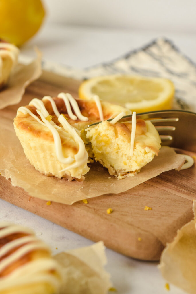 Mini Lemon Air Fryer Cheesecake with gold fork