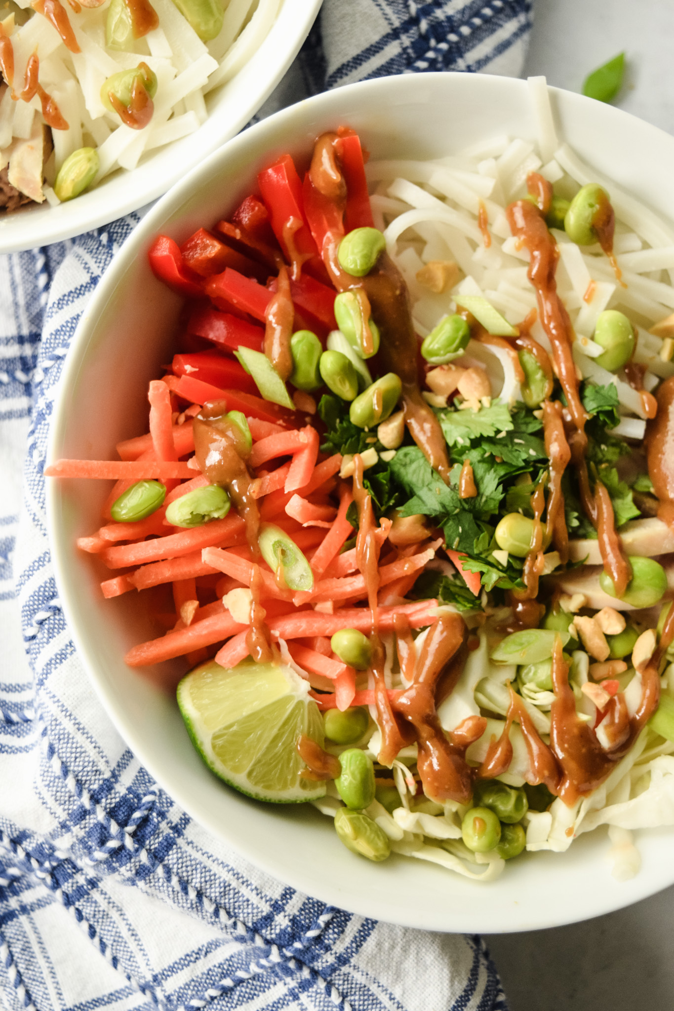 Gluten Free Thai Noodle salad with peppers, carrots, chicken, cilantro, and lime