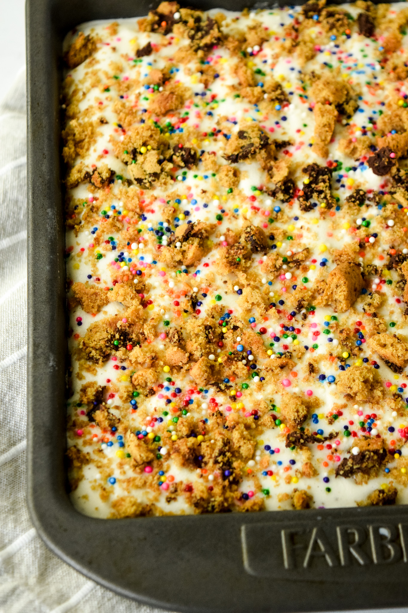 Gluten Free Chocolate Chip Cookie Cake with Cookie Crumbles and Rainbow Sprinkles