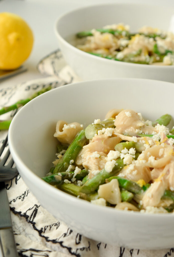 Gluten Free Pasta with Lemon and Asparagus in a White Bowl