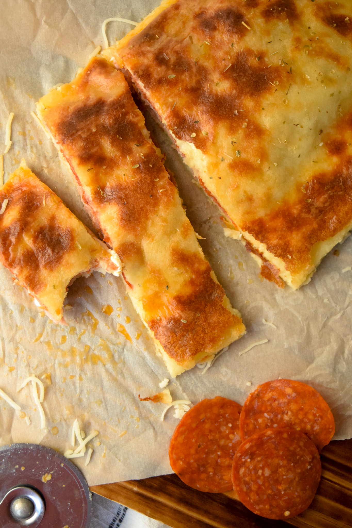 slices of keto stromboli with pepperoni