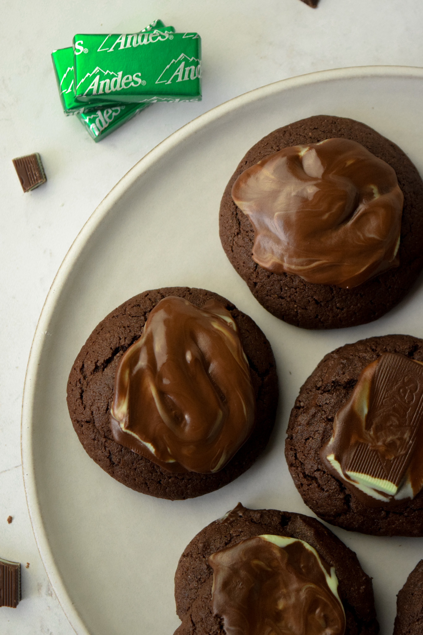 Plate of Gluten Free Chocolate Cookies with Andes Mints