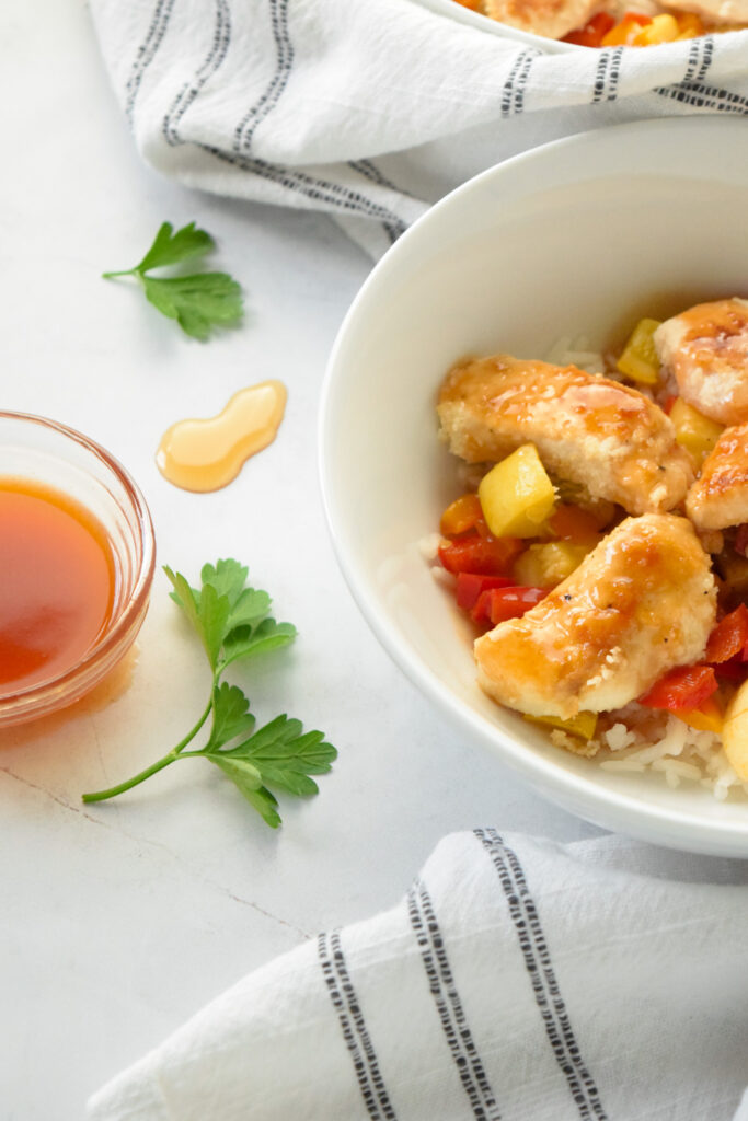 hot honey chicken and rice bowls