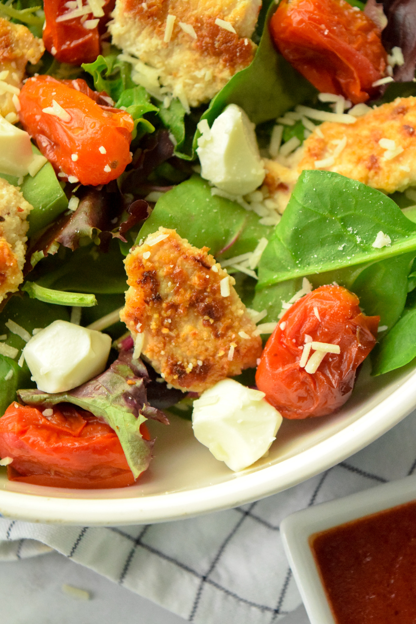 Chicken Parmesan Salad with Roasted Tomatoes and Mini Mozzarella Pearls