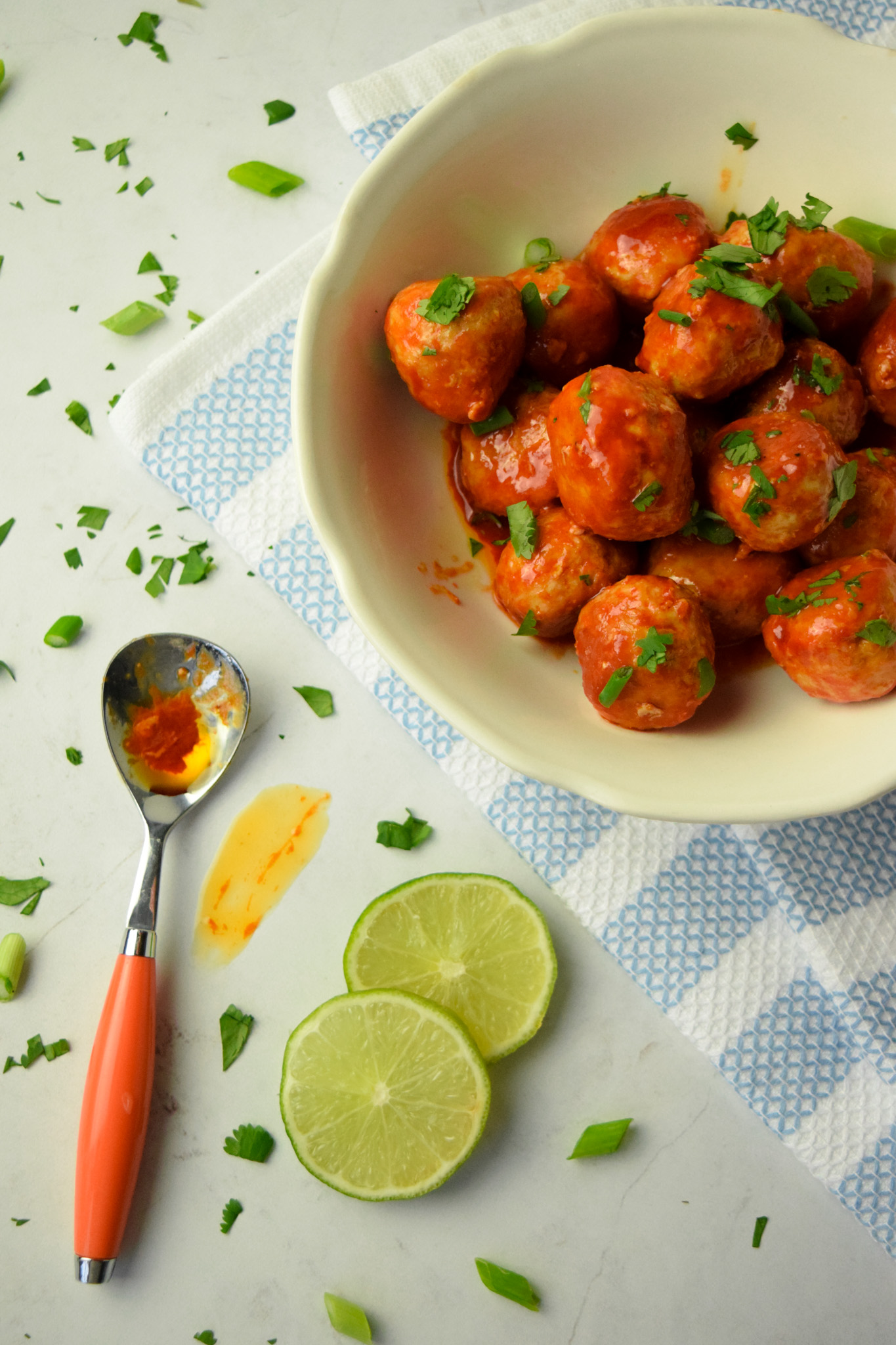 Buffalo Chicken Meatballs with lime juice and hot sauce
