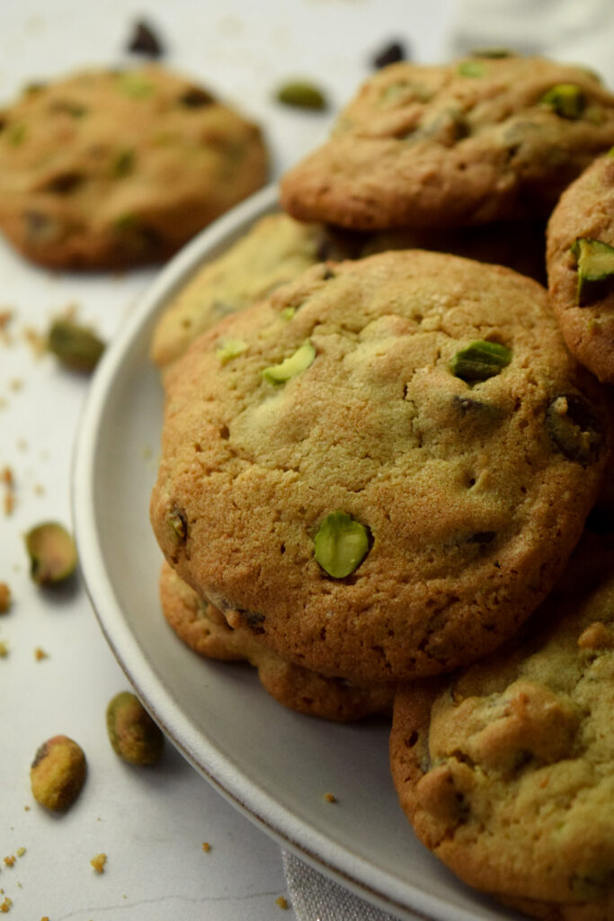 Plate of gluten free pistachio chocolate chip cookies