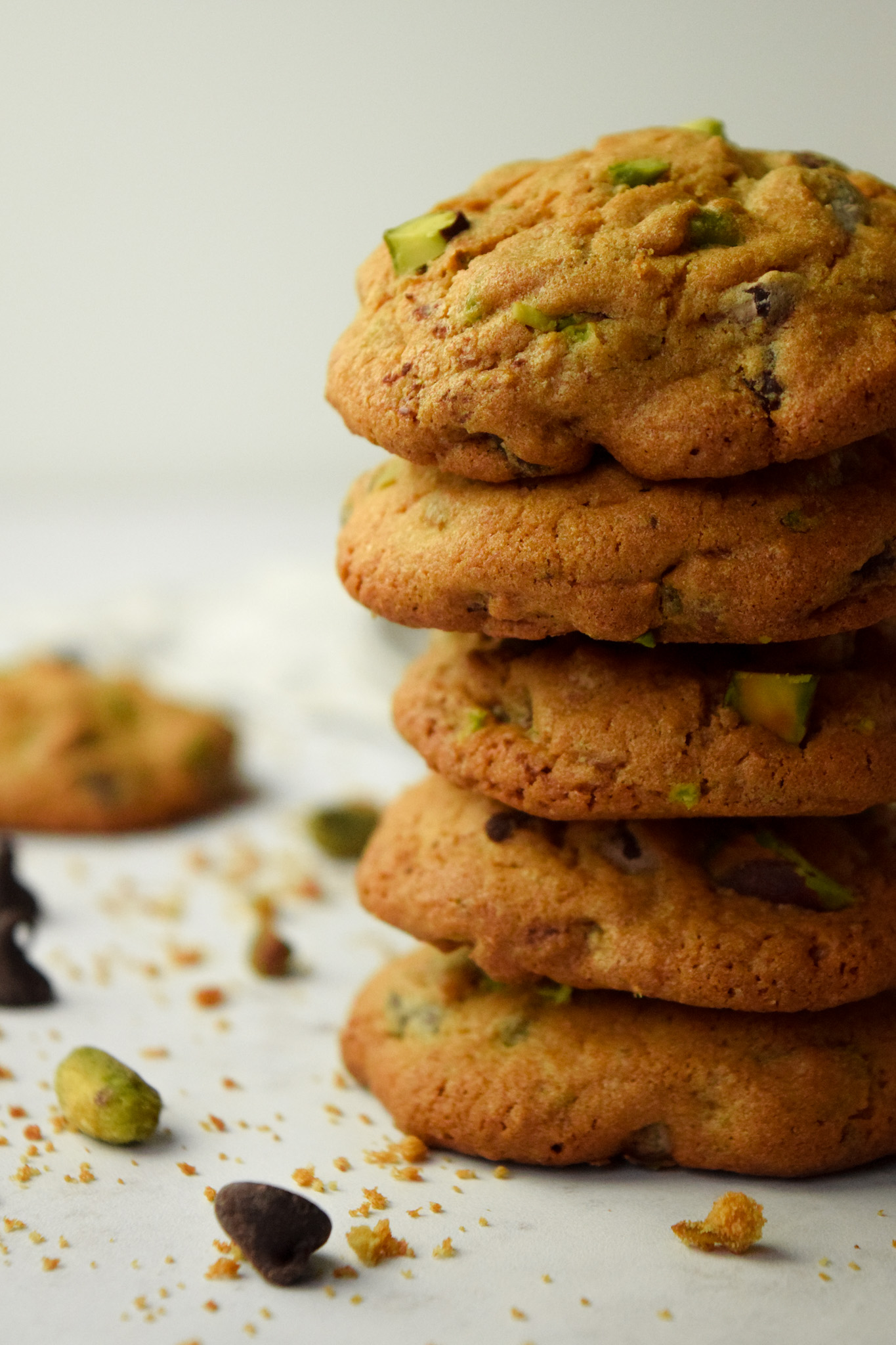 Stack of Gluten Free Chocolate Chip Cookies with Chopped Pistachios