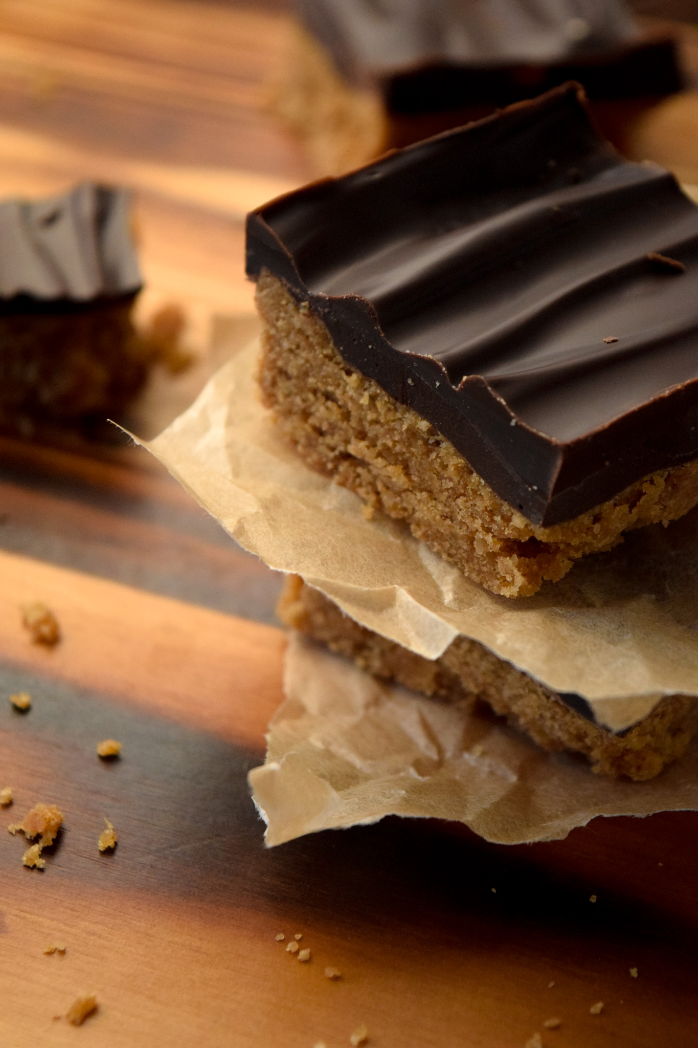 Stack of Gluten Free Peanut Butter Bars with Semi Sweet Chocolate